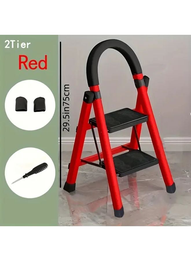 2 Layers Red Multi Functional Folding Ladder Portable Thickened Metal Serrated Design Indoor Outdoor Use - Image 1